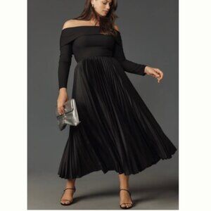 Anthropologie Long-Sleeve Off-The-Shoulder Pleated Maxi Dress